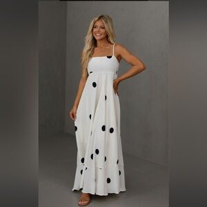 Olivaceous White and Black Polka Dot Midi Dress